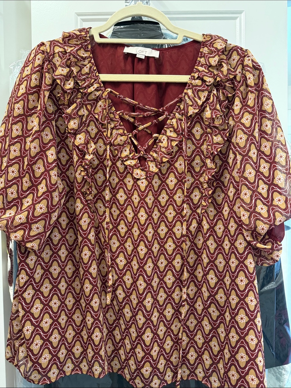 LOFT Burgundy Lace-Up Ruffle Print Blouse